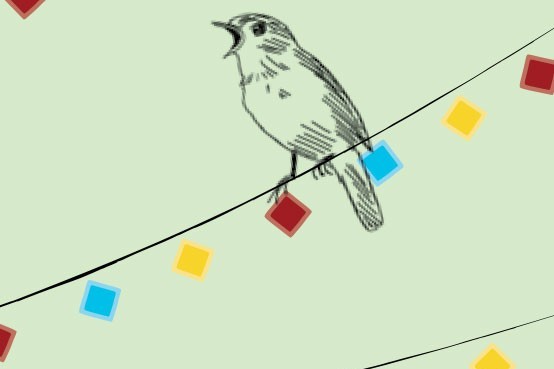 Illustration: Vogel sitzt auf bunter Wimpelgirlande und singt