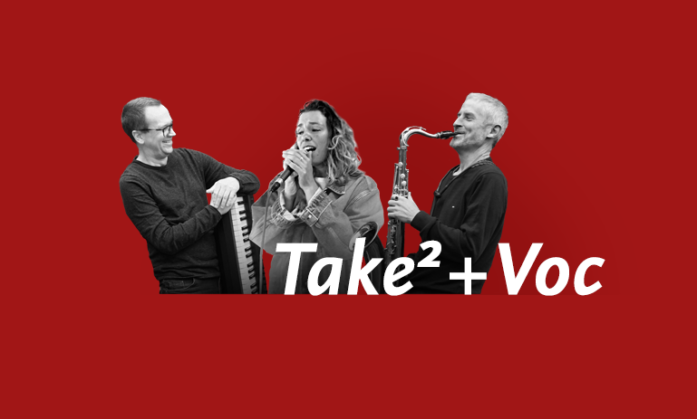 Zwei Musiker mit Instrumenten und eine S&auml;ngerin, Ausschnitte vor rotem Hintergrund