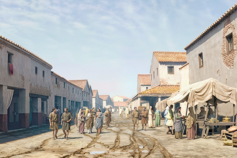 Eine Stra&szlig;e in der r&ouml;mischen Antike, bev&ouml;lkert mit Menschen und Marktst&auml;nden